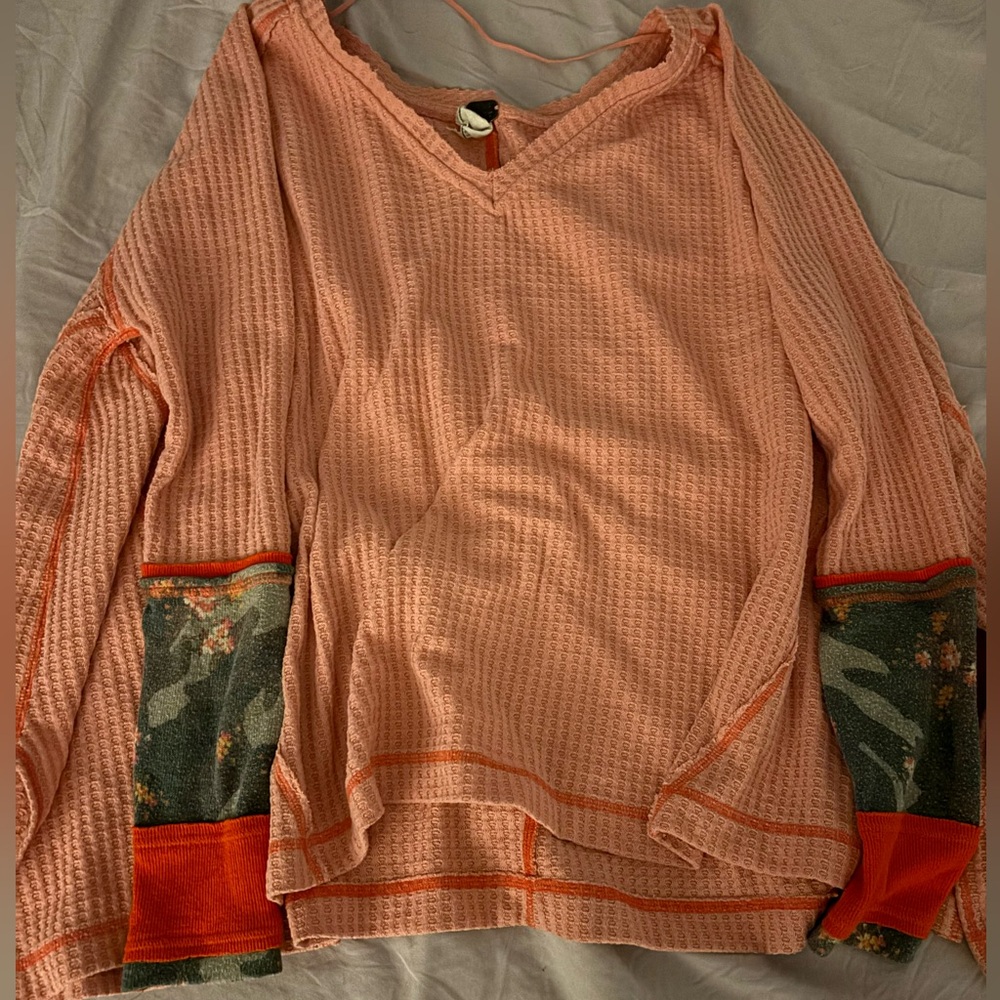 We The Free Peach Lovin Leopard Thermal Waffle Knit Cuffs Top